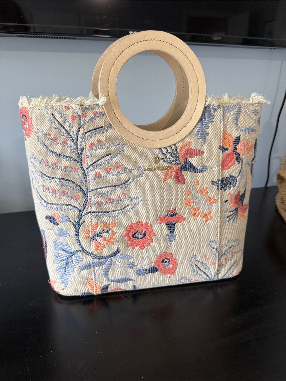 Spartina 449 Embroidered Floral Tote in Cream, Pink, Blue